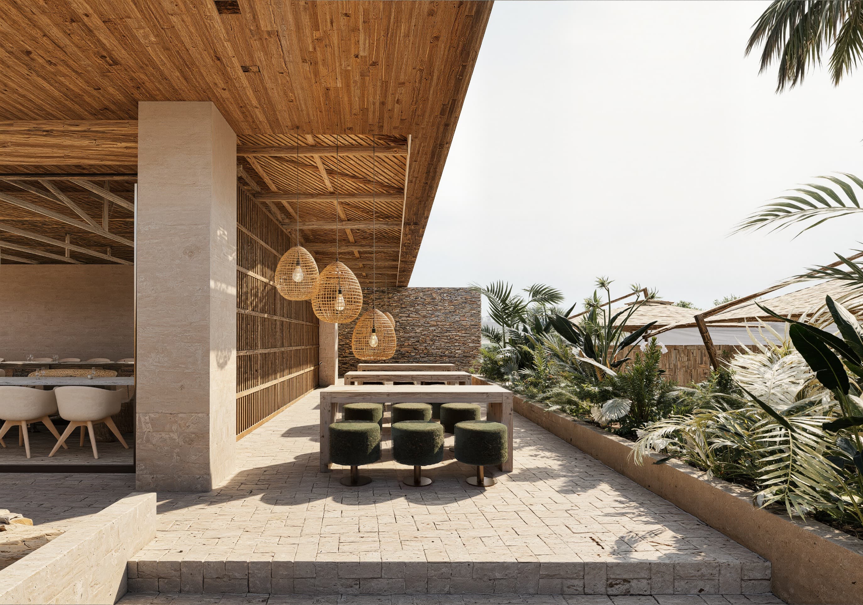 Vista de um espaço de convivência em villa com materiais naturais, luz natural e paisagem.