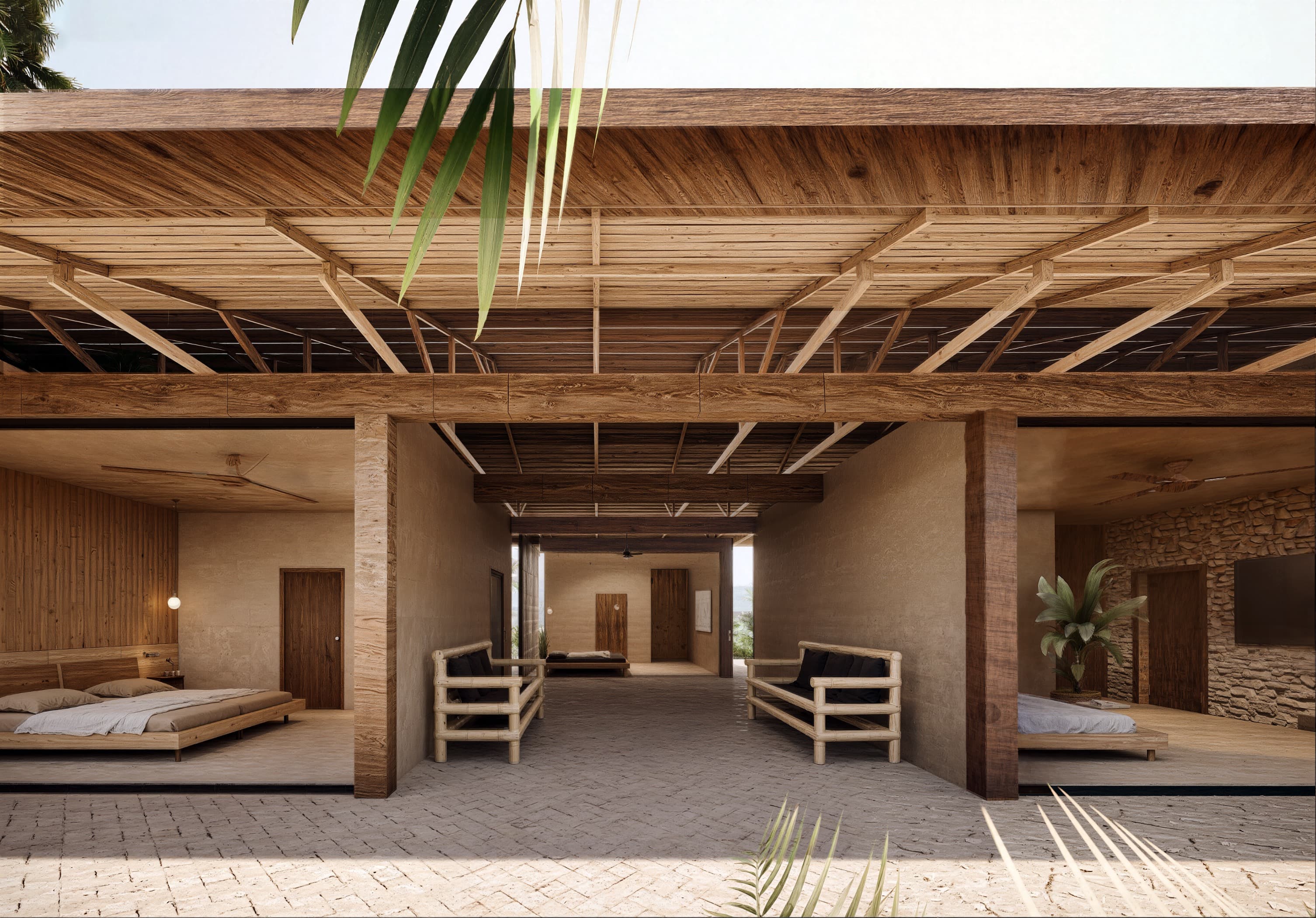 Visualização de villa aberta, com estrutura em madeira e pátio generoso.