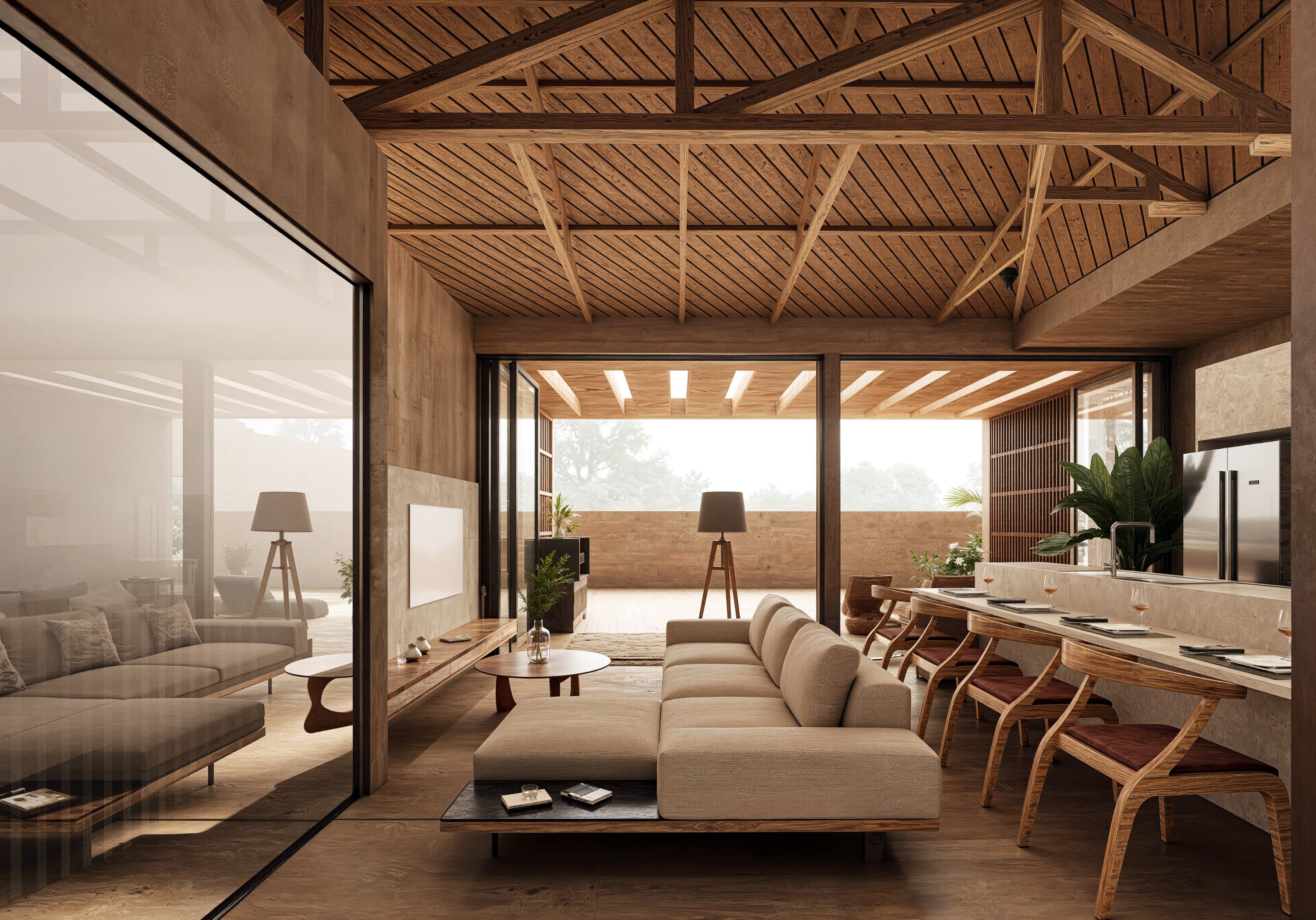 Visualização de interior de villa com materiais naturais e varanda ampla.
